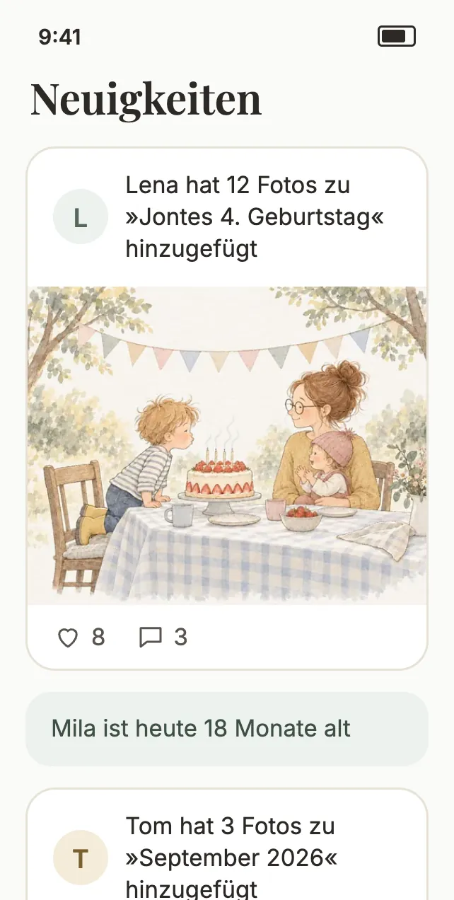 Nestbild auf dem iPhone: Neuigkeiten mit einem neuen Geburtstagsbild von Lena und dem Hinweis, dass Mila heute 18 Monate alt ist (Bilder: KI-Illustrationen)