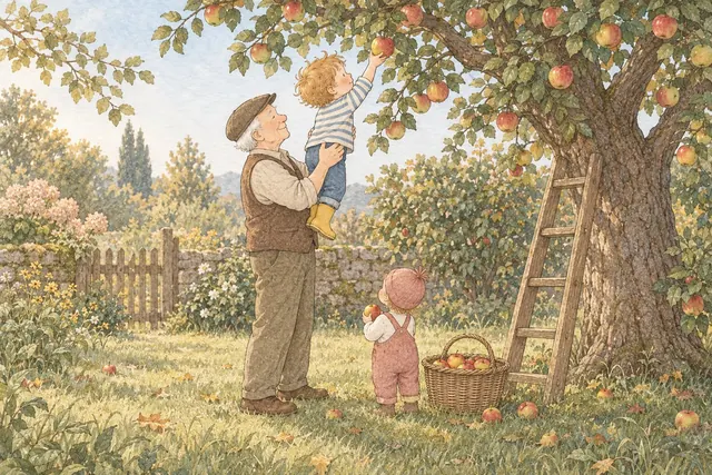 Gezeichnete Herbstszene: Ein Großvater stützt einen Jungen auf der Leiter am Apfelbaum, ein Kleinkind hält einen Apfel (KI-Illustration)