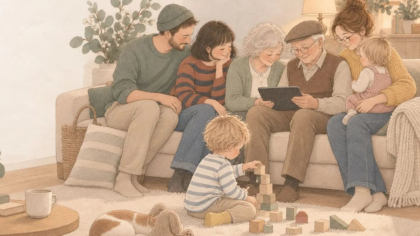 Gezeichnete Familienszene im Wohnzimmer: Großeltern schauen auf dem Sofa gemeinsam aufs Tablet, die Eltern mit dem Kleinkind und die Tante schauen mit, davor baut ein Junge mit Holzklötzen (KI-Illustration)