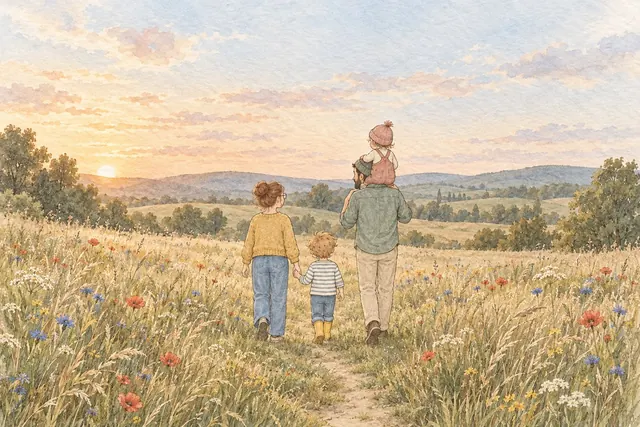 Gezeichnete Sommerszene: Eine Familie geht von hinten gesehen einen Feldweg mit Mohn und Kornblumen entlang (KI-Illustration)