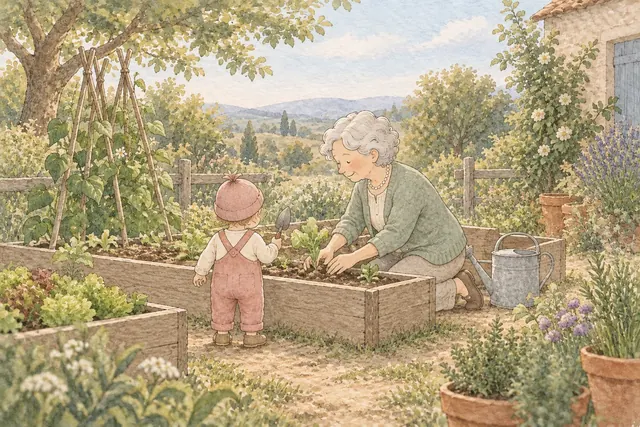 Gezeichnete Gartenszene: Eine Großmutter pflanzt am Hochbeet, ein Kleinkind hilft mit einem Schäufelchen (KI-Illustration)