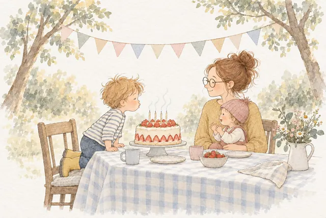 Gezeichnete Geburtstagsszene im Garten: Ein Junge pustet vier Kerzen auf einer Erdbeertorte aus, daneben staunt ein Kleinkind auf dem Schoß seiner Mutter (KI-Illustration)