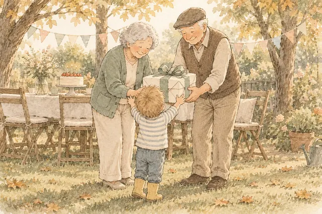 Gezeichnete Szene: Großeltern überreichen einem Jungen im Garten ein Geschenk mit grüner Schleife (KI-Illustration)