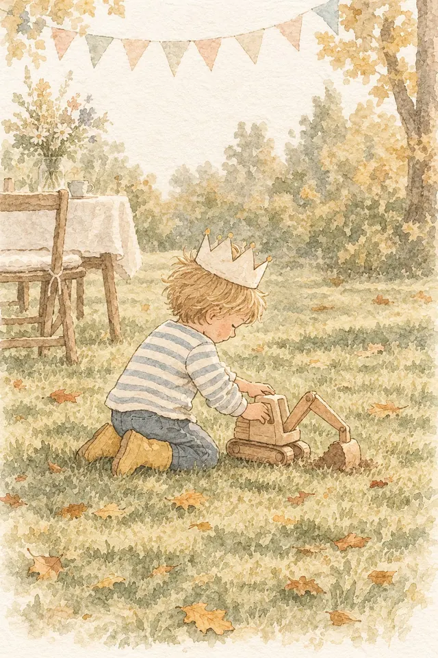 Gezeichnete Szene: Ein Junge mit Papierkrone spielt im Gras mit einem Holzbagger (KI-Illustration)