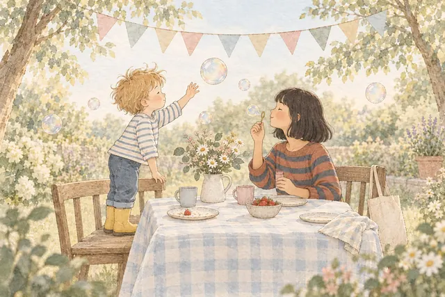 Gezeichnete Szene: Eine junge Frau und ein Junge machen am Gartentisch Seifenblasen (KI-Illustration)