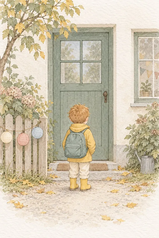 Gezeichnete Szene: Ein Junge mit großem Rucksack steht von hinten gesehen vor einer grünen Tür, sein erster Tag in der Kita (KI-Illustration)