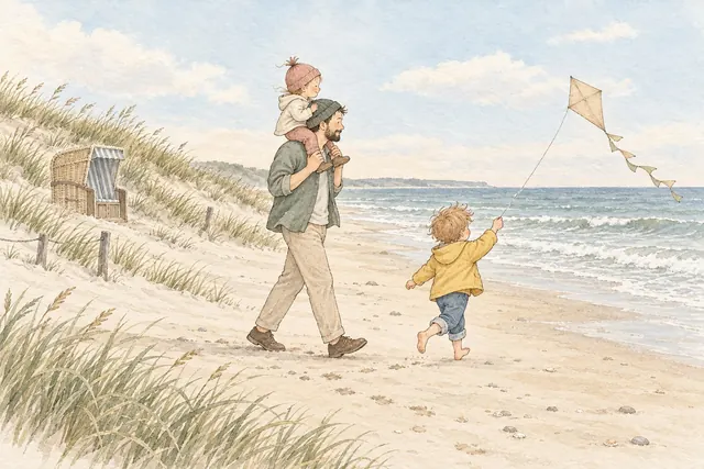 Gezeichnete Strandszene an einem windigen Sommertag: Ein Vater trägt ein Kleinkind auf den Schultern, ein Junge läuft mit einem Drachen voraus (KI-Illustration)