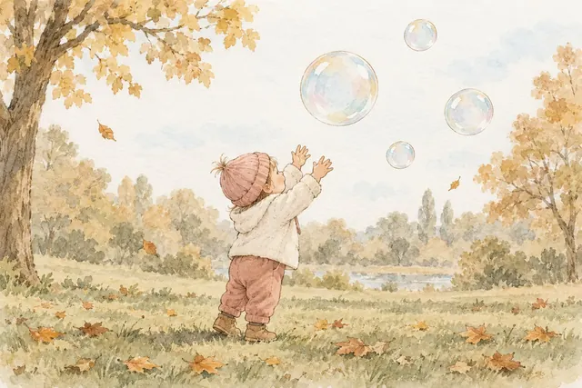 Gezeichnete Herbstszene im Park: Ein Kleinkind mit rosa Mütze greift nach großen Seifenblasen (KI-Illustration)