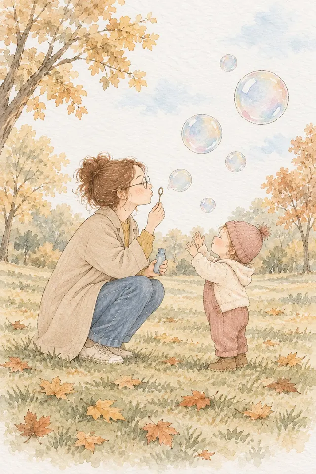 Gezeichnete Szene: Eine Mutter pustet im Herbstpark Seifenblasen, ein Kleinkind schaut staunend nach oben (KI-Illustration)