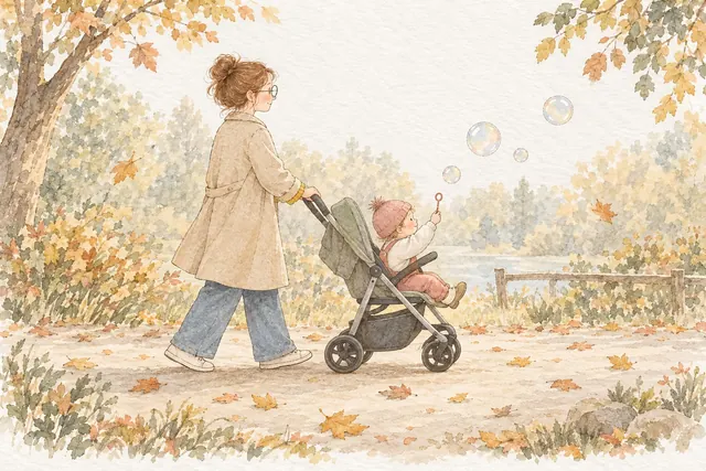 Gezeichnete Herbstszene: Eine Mutter schiebt einen Buggy durch den Park, darin hält ein Kleinkind einen Seifenblasenstab (KI-Illustration)